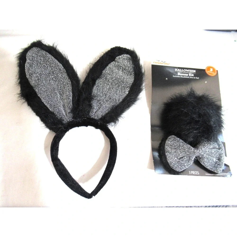 Halloween Bunny Kit Black & Silver Shimmer Headband Ears, Cotton Tail Bowtie